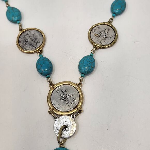 Chicos Faux Turquoise Coin Accent Long Necklace Two Tone Metal Y Drop Jewelry - Picture 3 of 6